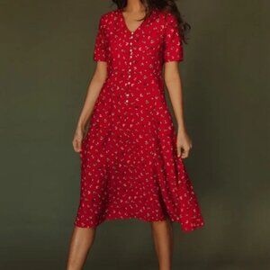 Ivy City Co womens Allie Dress Red Floral midi short sleeve button up size XS